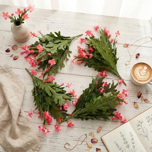 Artificial Christmas Cactus Plants - 4 Pink Silk Faux Flowers, 16 Leaves Variation