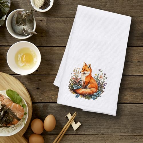 JINYO Floral Fox Kitchen Towel - Decorative 16x24 Inch Hand Towel