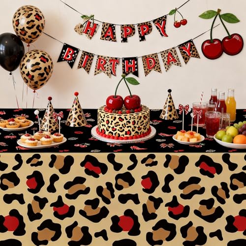 Cheetah Cherry Birthday Tablecloth - 3 Disposable Covers, 86x55in