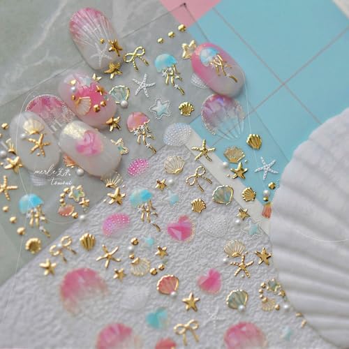 5D Embossed Ocean Nail Stickers - Pearl Seashell, Starfish & Jellyfish Decals