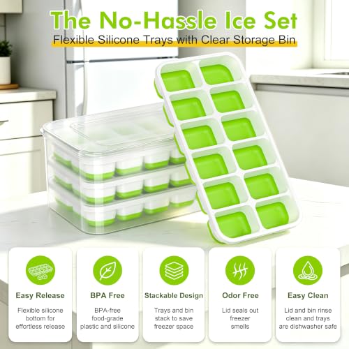 Green Ice Cube Tray with Lid & Bin - 4 Pack, Small, Stackable Freezer Mold