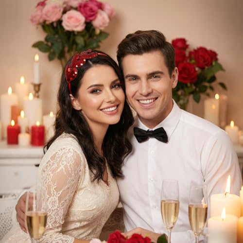 SUMERSHA Red Sequin Heart Headband Glitter Love Hair Band for Women