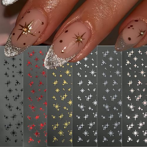Glitter Star Nail Stickers 6-Sheet 3D Self-Adhesive Decals