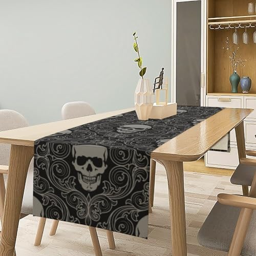 W13X L60 Gothic Skull Table Runner Black Halloween Damask Geometric