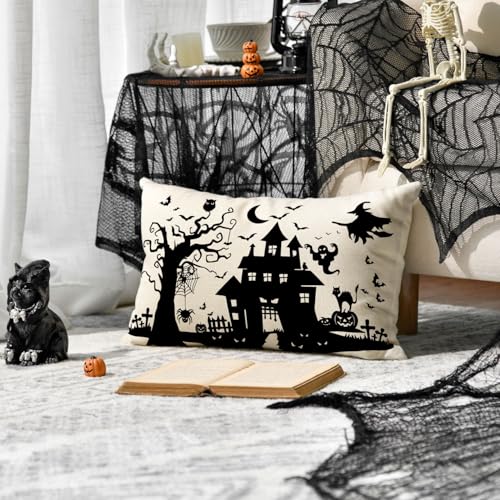Halloween Haunted House Throw Pillow Cover, 12x20 Inch - AVOIN
