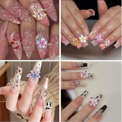 100 Pcs 3D Flower Nail Art Charms - Colorful Hibiscus Floral Rhinestones