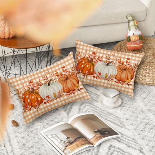 Fall Pillow Cover 12x20 Inch Orange Pumpkin Buffalo Plaid - ARGOOFG