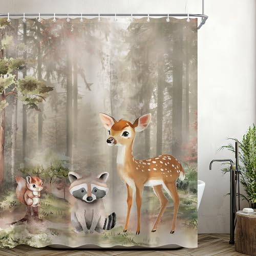 CINEKER Forest Animal Shower Curtain Set - 60x72 Inch Watercolor Woodland
