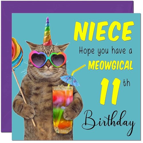 Meowgical Cat Birthday Card for 11-Year-Old Niece
