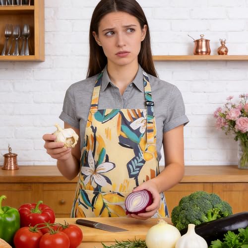 Floral Apron for Women with Pockets - Adjustable Kitchen Chef Apron