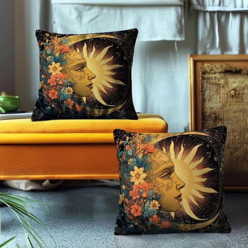 Celestial Sun Moon Throw Pillow Covers Set of 2 - 18x18 Inch