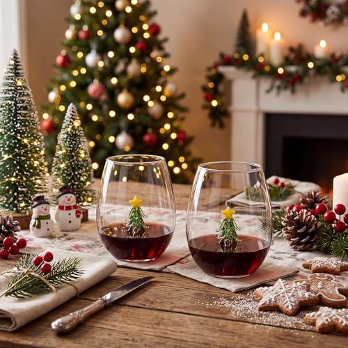 Christmas Tree Stemless Wine Glasses - 3D Tree Inside, Set of 2 - Holiday Decor