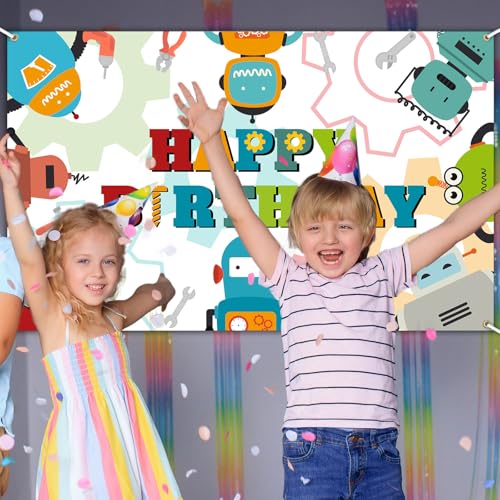 Robot Birthday Backdrop Banner - 6x3.6ft Party Decoration