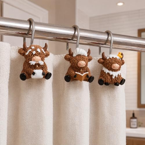Highland Cow Shower Curtain Hooks - Rustic Farmhouse Decor (12 Pack)