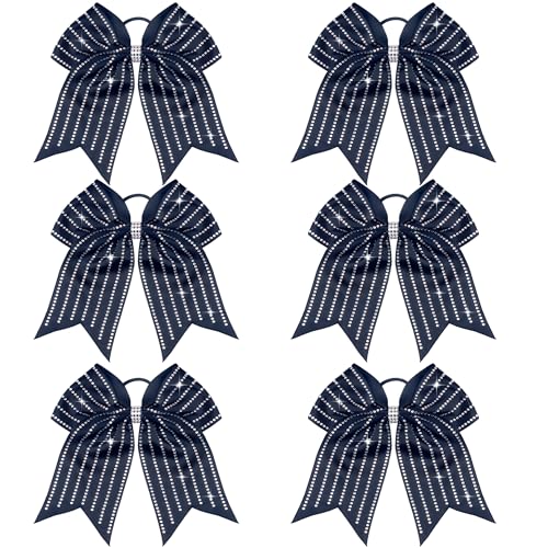 6 Pcs Navy Glitter Cheer Bows with Elastic Ponytail Holder for Girls