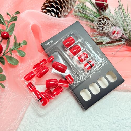 Christmas Press on Nails Short Square False Nails Santa Snowflake 24Pcs