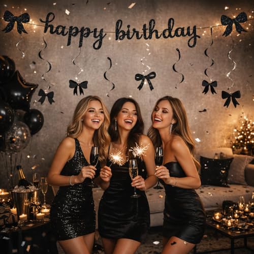 Elegant Black Bow Birthday Banner and Swirls Decorations