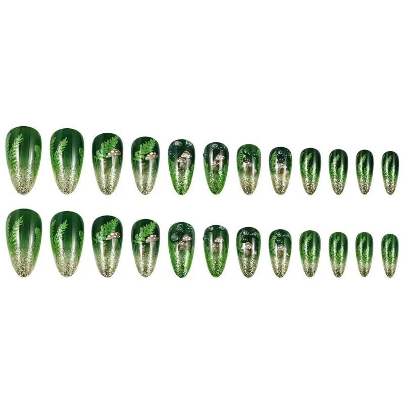 Green Glitter Mushroom Press on Nails Medium Almond Fake Nails 24pcs
