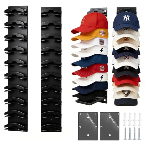 Black Baseball Cap Organizer - Wall Mount Hat Rack for 20 Caps