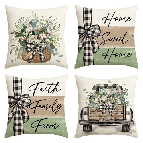 AVOIN colorlife Farmhouse Throw Pillow Covers, 18x18 Green Set of 4