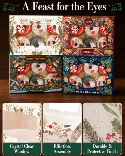 Bakepacker Christmas Retro Bakery Boxes with Window, 48 pcs, 6x8x2.7 Inches