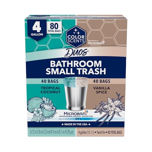 Color Scents 4 Gallon Small Trash Bags Duo Pack - Teal & Beige, 80 Count with Twist Ties, Scented Waste Liners for Bathroom and Kitchen