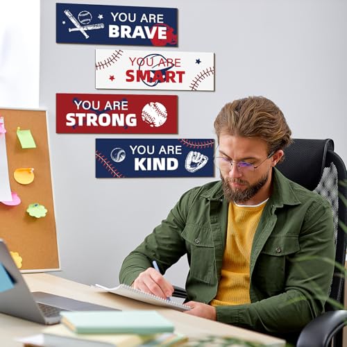 Baseball Room Decor Set - 4 Wooden Motivational Signs for Boys