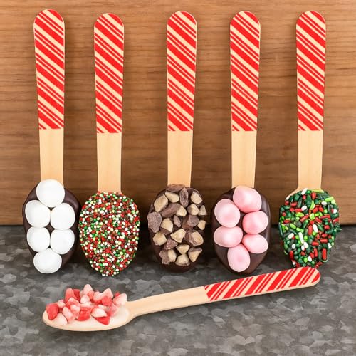 Candy Cane Striped Christmas Wooden Spoon Set with Tags & Bags - Hot Cocoa Stirring Utensils