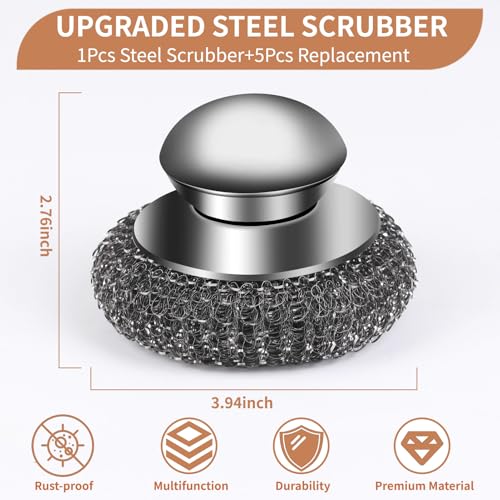 VinYankee Steel Wool Scrubber with Handle - Stainless Steel Cleaning Pads for Kitchen & Home
