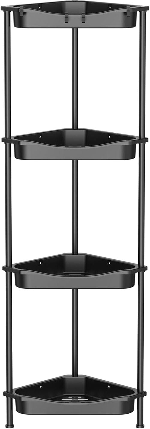 HuggieGems Corner Shower Caddy Organizer - 4 Tier Floor Standing Shelf with Hooks | Jet Black