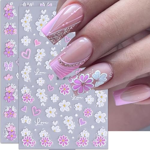 KAICCOSO 5D Embossed Floral Nail Art Stickers Butterfly Daisy Decals 2Pcs