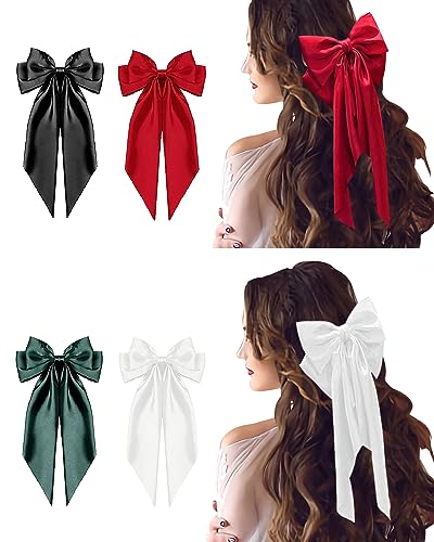 JELIEE 4 Pcs Silky Satin Hair Bows with Long Tails and Metal Clips