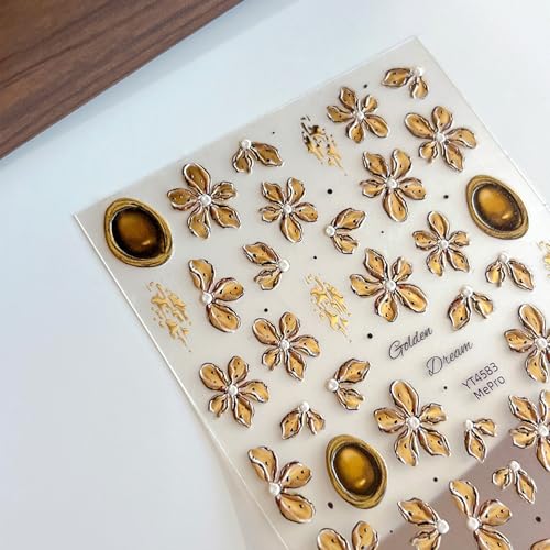 5D Embossed Light Brown Floral Nail Art Stickers Gilded Devil Flower Decals