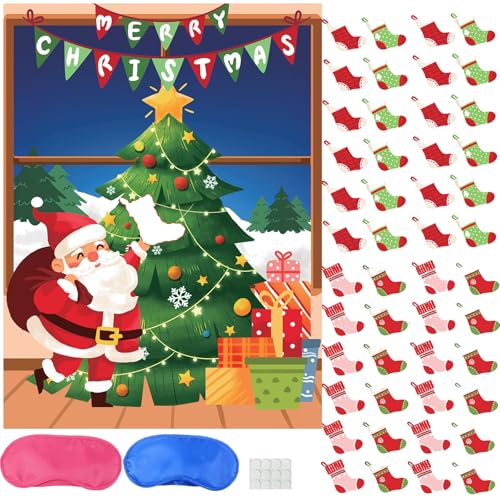 Pin the Christmas Stockings on the Tree Game with Stickers & Blindfolds