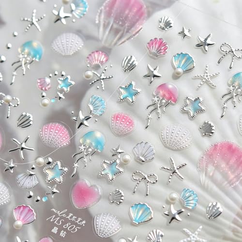5D Embossed Shell Nail Stickers Silvery Ocean Starfish Decals