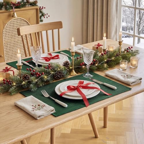 Christmas Cloth Placemats Set of 6 - Dark Green 12x18 Inches - Softalker