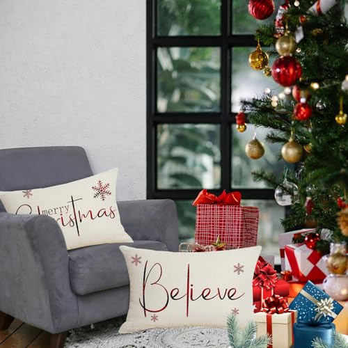 Merry Christmas Pillow Covers - Set of 2, 12x20 Inch Decorative Cushion Cases