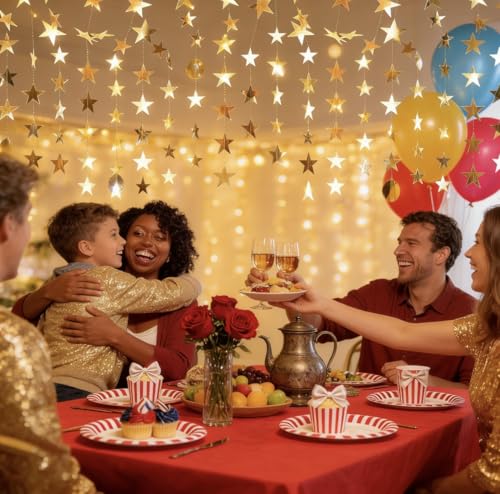 Gold Star Garland Banner Set - 7 Pack, 91.8 ft Double-Sided Streamers for Parties