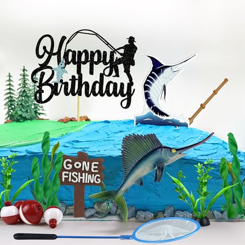 18-Piece Gone Fishing Cake Topper Set for Fisherman Themed Birthday Parties