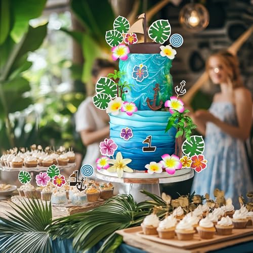 27PCS Tropical Cake Decoration Set - Boat, Coconut Trees & Flowers