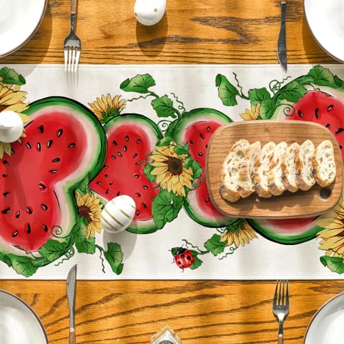 Summer Floral Table Runner Watermelon Sunflower 13x72 Linen