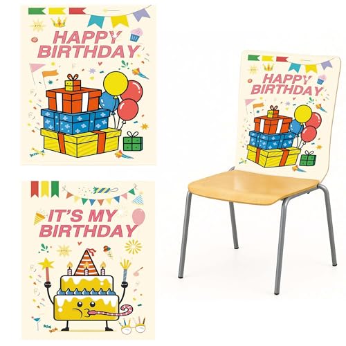 Beige 2 Pack Happy Birthday Chair Back Covers for Parties, 19.7" x 23.6" Polyester Slipcovers