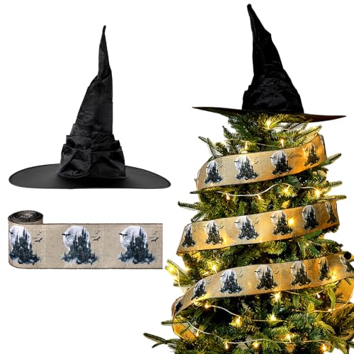 Witch Hat Christmas Tree Topper with Magic Wizard Burlap Ribbon Set
