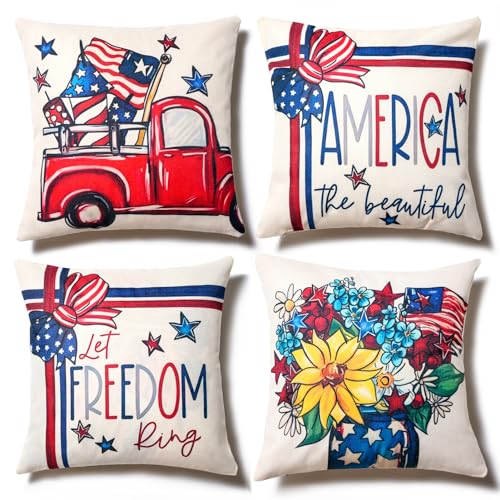 Hongsome 4th of July Patriotic Throw Pillow Covers 18x18in Set of 4, USA Flag Linen Decorations