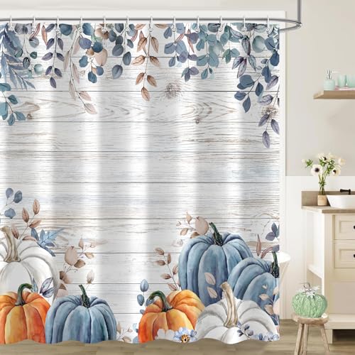 Blue Fall Pumpkin Shower Curtain, 72x72 Rustic Farmhouse Bath Decor (Fall-8)