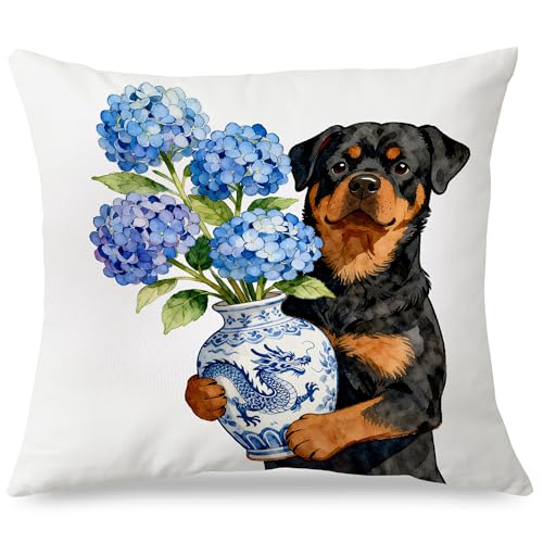 Rottweiler Chinoiserie Hydrangea 18x18 Flannel Throw Pillow Cover (Dog-pillow)