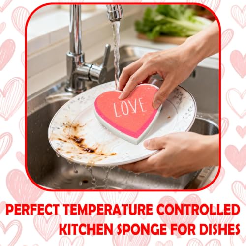 Valentine's Heart-Shaped Kitchen Sponges - Non-Scratch Dishwashing Scrub Set, 12 Pack