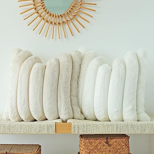 Faux Fur Throw Pillow Covers 2-Pack - Soft Plush Cushion Cases for Sofa & Bed, 16x16 inch, Beige