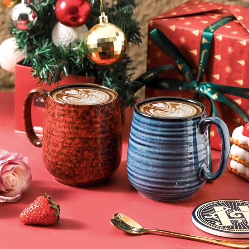 Blue & Red Ceramic Coffee Mug Set of 2 - 20 Oz Large Latte Cups with Handle, Gift Box & Coaster & Gold Spoon - Holiday Gift