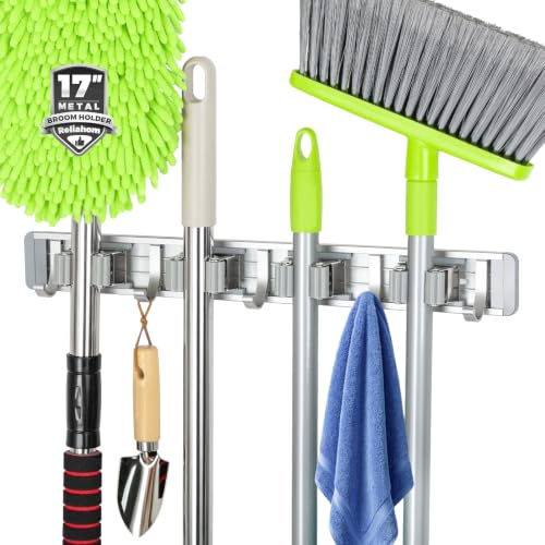 Reliahom 1 Pack Broom Holder Wall Mount with 4 Racks & 5 Hooks - Gray